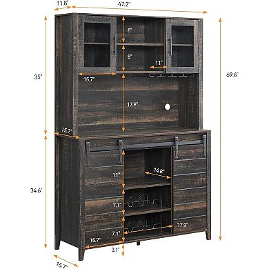 Wine & Coffee Bar Cabinet with Storage Hutch, Sliding Barn Door Pantry for Dining Room