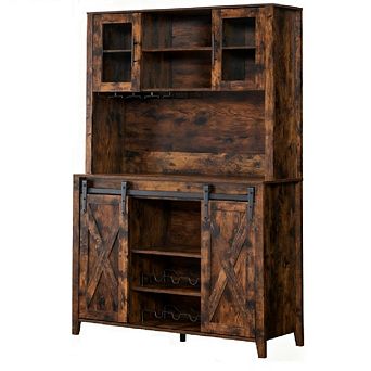 Wine & Coffee Bar Cabinet with Storage Hutch, Sliding Barn Door Pantry for Dining Room