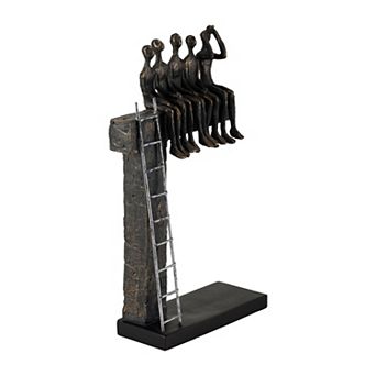 Bronze and Black Sculpture Featuring Abstract Figures on Ledge with Ladder - 15", Bronze & Black