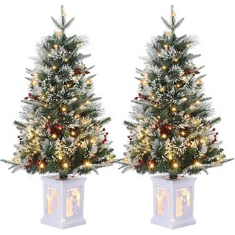 2 pc 3FT Mini Christmas Tree 78 Warm White Light Beads Red Berry