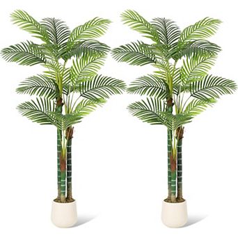 2 Pack 6FT Faux Tall Palm Tree Triple Golden Cane with White Planter and Moss