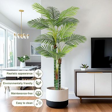 2 Pack 6FT Faux Tall Palm Tree Triple Golden Cane with White Planter and Moss