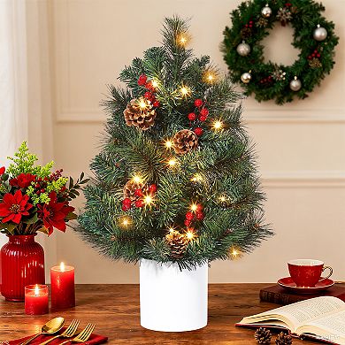 2FT Mini Prelit Christmas Tree Tabletop Xmas with 30 Lights Pot Berries Pinecones
