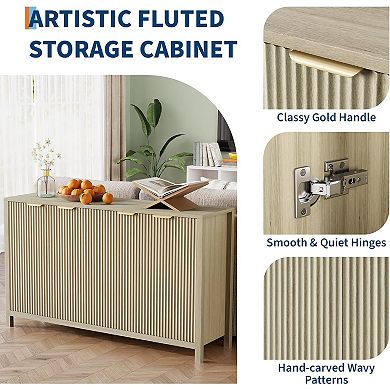 Fluted Sideboard Buffet with Adjustable Shelves & Spike Feet for Kitchen/Living Room