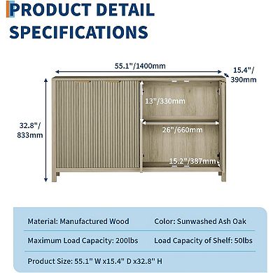Fluted Sideboard Buffet with Adjustable Shelves & Spike Feet for Kitchen/Living Room