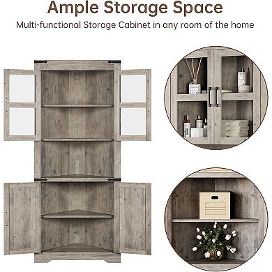 Farmhouse Corner Cabinet with Barn Door & Adjustable Shelves for Kitchen/Living Room