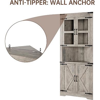 Farmhouse Corner Cabinet with Barn Door & Adjustable Shelves for Kitchen/Living Room