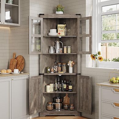 Farmhouse Corner Cabinet with Barn Door & Adjustable Shelves for Kitchen/Living Room