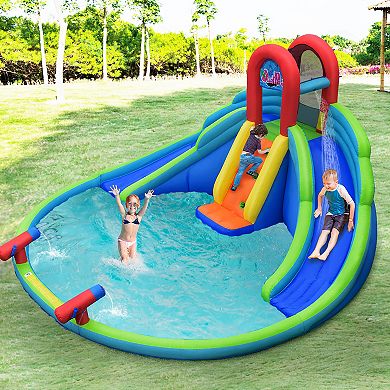 Costway Inflatable Bounce House Kids Water Splash Pool Dual Slides Climbing Wall without Blower