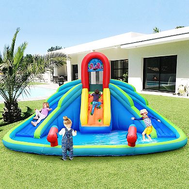 Costway Inflatable Bounce House Kids Water Splash Pool Dual Slides Climbing Wall without Blower
