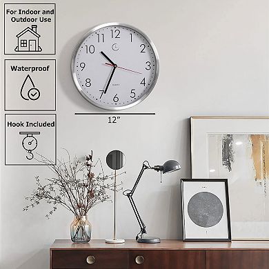 Clockswise 12" Waterproof Aluminum Wall Clock Battery Operated Quartz Movement Weather Resistant