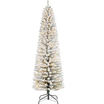 7.5FT Snow Flocked Pencil Christmas Tree with 439 Branch Tips Metal Stand