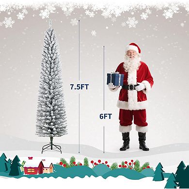7.5FT Snow Flocked Pencil Christmas Tree with 439 Branch Tips Metal Stand