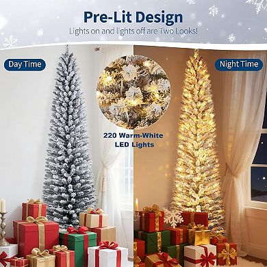 7.5FT Snow Flocked Pencil Christmas Tree with 439 Branch Tips Metal Stand