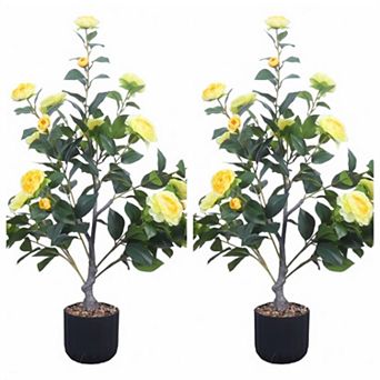 2 Pack Artificial Camellia Tree in Cement Pot Faux Floral Plant Indoor Outdoor Decoration