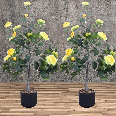 2 Pack Artificial Camellia Tree in Cement Pot Faux Floral Plant Indoor Outdoor Decoration