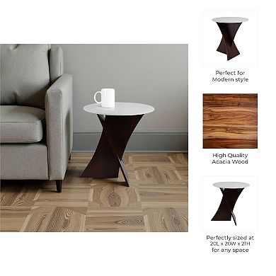 White 20 in. Round Marble Top Criss Cross Accent Table