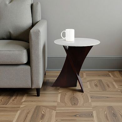 White 20 in. Round Marble Top Criss Cross Accent Table