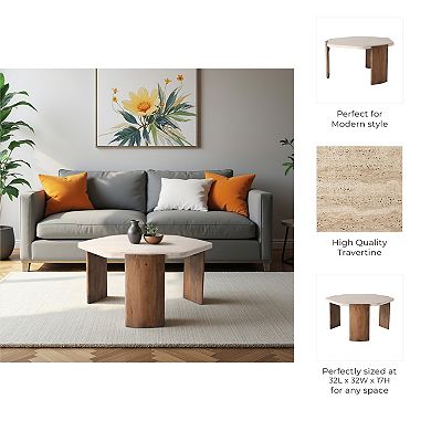 32 in. Brown Hexagon Stone Mango Wood Curved Three Legs Coffee Table