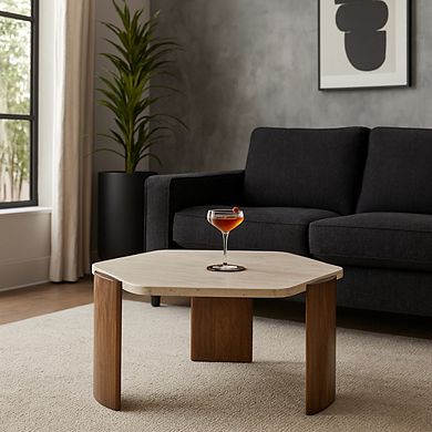 32 in. Brown Hexagon Stone Mango Wood Curved Three Legs Coffee Table
