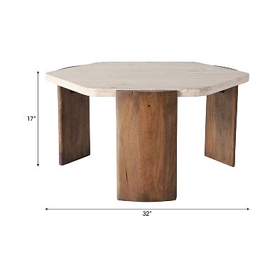 32 in. Brown Hexagon Stone Mango Wood Curved Three Legs Coffee Table
