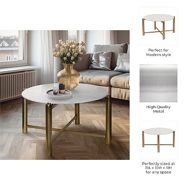 35 in. Gold/White Round Marble and Metal Coffee Table
