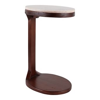 17 in Ivory Round Marble Top Teak Wood C-Shaped End Table