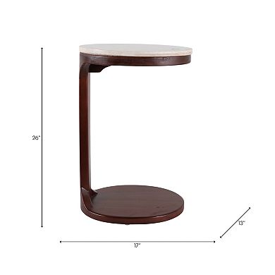 17 in. Ivory Round Marble Top Teak Wood C-Shaped End Table