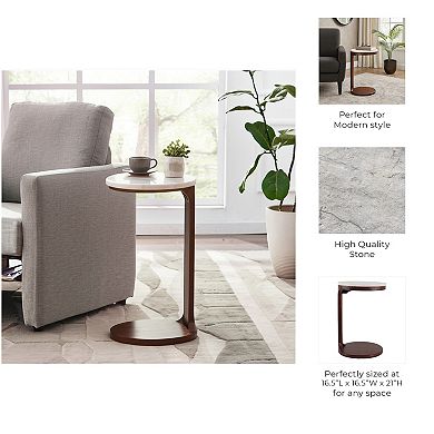 17 in. Ivory Round Marble Top Teak Wood C-Shaped End Table