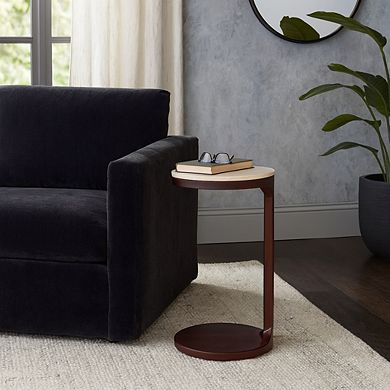 17 in. Ivory Round Marble Top Teak Wood C-Shaped End Table