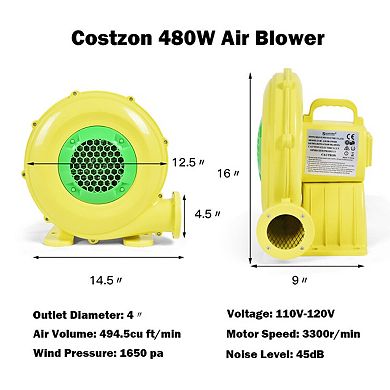 Costway Air Blower Pump Fan 480 Watt 0.6HP For Inflatable Bounce House Bouncy Castle