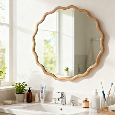 30 Inch Natural Wood Wavy Round Solid Wood Frame Decorative Mirror