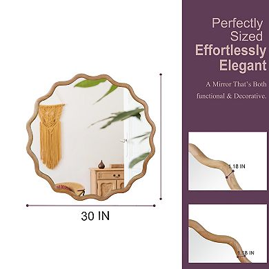 30 Inch Natural Wood Wavy Round Solid Wood Frame Decorative Mirror