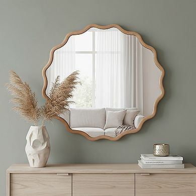 30 Inch Natural Wood Wavy Round Solid Wood Frame Decorative Mirror