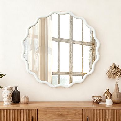 White 30 inch Wavy Round Solid Wood Frame Wall Mirror