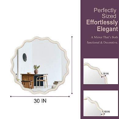 White 30 inch Wavy Round Solid Wood Frame Wall Mirror