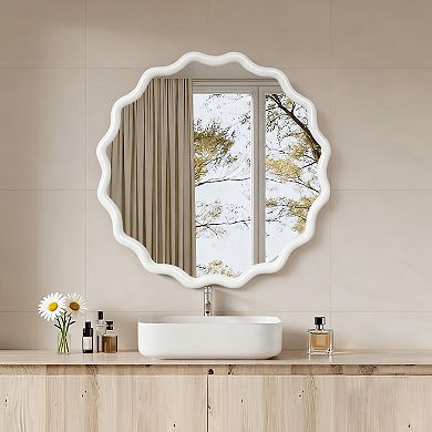 White 30 inch Wavy Round Solid Wood Frame Wall Mirror