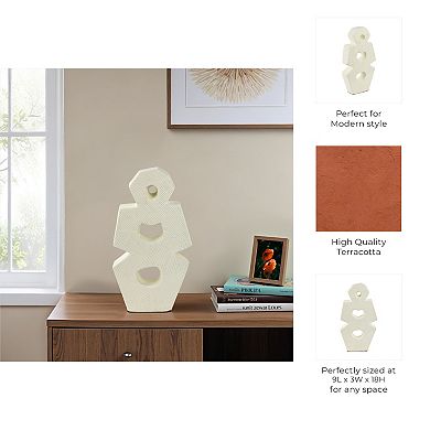 Modern Glam Pottery & Terracotta Abstract Sculpture with Textured Geometric Design