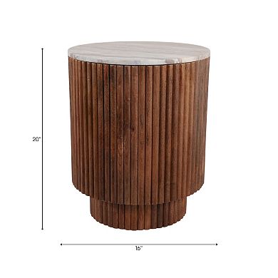 16 in. Ivory Round Marble Ribbed Pedestal End Table