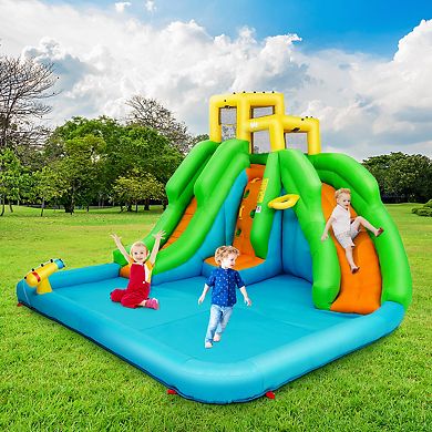 Costway Inflatable Water Park Bounce House Two-Slide Bouncer with Climbing Wall&480W Blower