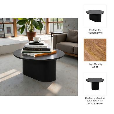 32 in. Black Oval Mango Wood Minimalist Coffee Table