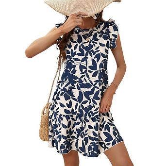 Womens Crew Neck Sleeveless Ruffles A Line Casual Loose Dress Party Sundress Summer Beach Mini Dress