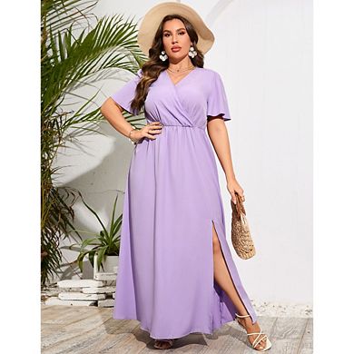 Oversized Dresses for Curvy Women Floral Boho V Neck High Waist Side Slit Dress Summer Maxi Dress