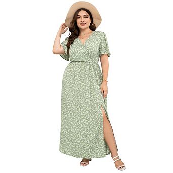 Oversized Dresses for Curvy Women Floral Boho V Neck High Waist Side Slit Dress Summer Maxi Dress