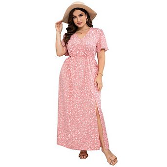 Oversized Dresses for Curvy Women Floral Boho V Neck High Waist Side Slit Dress Summer Maxi Dress