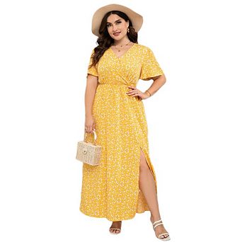 Oversized Dresses for Curvy Women Floral Boho V Neck High Waist Side Slit Dress Summer Maxi Dress