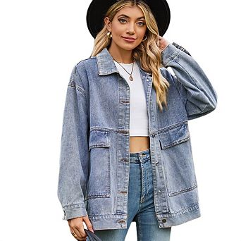 Women's Casual Denim JacketLong Sleeve Button Down Jean Jackets Western Boyfriend Coat