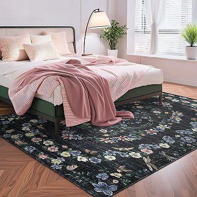 Modern Floral Washable Rugs for Living Room Lightweight Non Slip Distressed Carpet