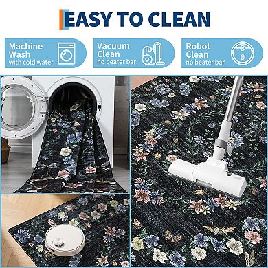 Modern Floral Washable Rugs for Living Room Lightweight Non Slip Distressed Carpet