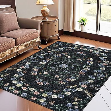 Modern Floral Washable Rugs for Living Room Lightweight Non Slip Distressed Carpet